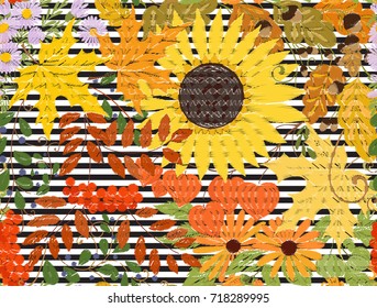 Seamless pattern, background with autumn flowers, leaves and pla