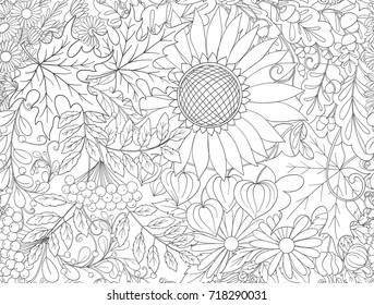 Seamless pattern, background with autumn flowers, leaves and pla