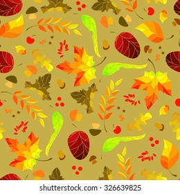 Seamless pattern background with autumn leaves, berries, mushrooms and acorns
