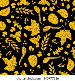 Seamless pattern background with autumn leaves, berries, mushrooms and acorns. Vector illustration.
