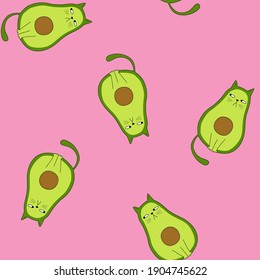 Seamless pattern background with avocado cat. Acocat. Vector illustration. Cartoon avocado. Good for fabric textile design, wallpaper, wrapping paper.