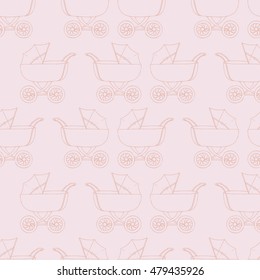 Seamless pattern background baby carriage for daughter. Baby girl wallpaper. Pink textile. Buggy vector