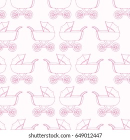 Seamless pattern background baby carriage for daughter. Baby girl wallpaper. Pink textile. Buggy vector illustration.