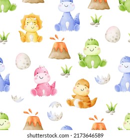 Seamless pattern background baby dinosaur Dino for kids Printable on fabric Watercolor style