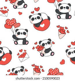 Seamless pattern background baby panda valentines with heart Love concept Doodle cartoon style