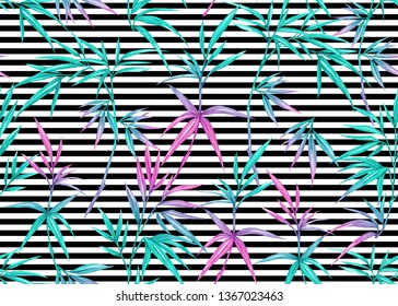 Seamless pattern, background with bamboo. Colored vector illustration in neon, fluorescent colors. On black-and-white stripes background

