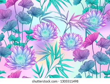 Seamless pattern, background with bamboo, lotus. Colored vector illustration in neon, fluorescent colors. In light ultra violet pastel colors on mesh pink, blue background 

