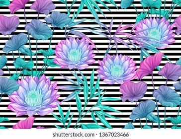 Seamless pattern, background with bamboo, lotus. Colored vector illustration in neon, fluorescent colors. On black-and-white stripes background

