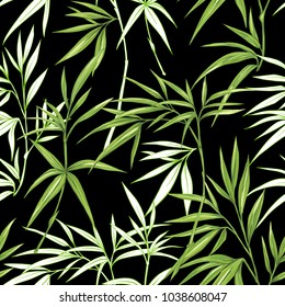 Seamless pattern, background with bamboo on black  background. Hand drawn colorful vector illustration without transparent and gradients.
