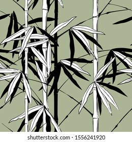 Seamless pattern background with bamboo stems with leaves in black and white. Vintage engraving and hand drawn stylized drawing. Vector illustration