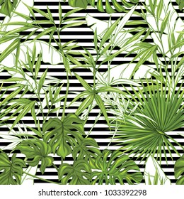 Seamless pattern, background with bamboo  and tropical plants on b&w stripes   background. Hand drawn colorful vector illustration without transparent and gradients.