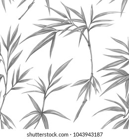 Seamless pattern, background with bamboo and tropical plants.  Hand drawn monochrome vector illustration without transparent and gradients.