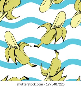 seamless pattern background with banana and blue waves, vector illustrations, isolated