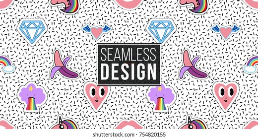 Seamless Pattern Background With Banana, Blue Diamond, Kissing Lips, Cloud Vomit Rainbow, Unicorn With Rainbow, Pink Heart With Wings, Smile Heart.