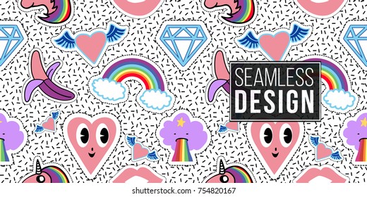 Seamless Pattern Background With Banana Blue Diamond Kissing Lips Cloud Vomit Rainbow Seamless Pattern Background With Banana Blue Diamond Kissing Lips Cloud Vomit Rainbow