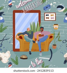 Seamless pattern, background barbers and male clients in barbershop. Hairdressers and male clients in a men's beauty salon. Performing haircuts, hairstyles, hair care, beard care. Flat graphics.