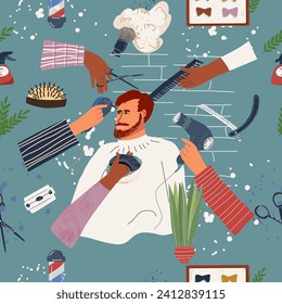 Seamless pattern, background barbers and male clients in barbershop. Hairdressers and male clients in a men's beauty salon. Performing haircuts, hairstyles, hair care, beard care. Flat graphics.