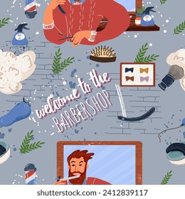 Seamless pattern, background barbers and male clients in barbershop. Hairdressers and male clients in a men's beauty salon. Performing haircuts, hairstyles, hair care, beard care. Flat graphics.