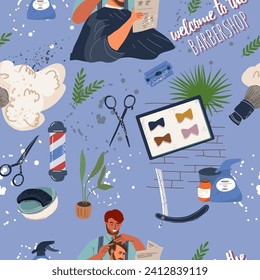 Seamless pattern, background barbers and male clients in barbershop. Hairdressers and male clients in a men's beauty salon. Performing haircuts, hairstyles, hair care, beard care. Flat graphics.