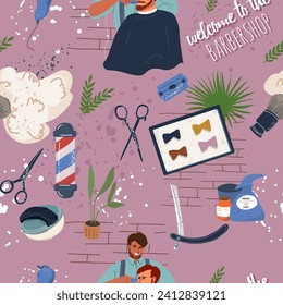 Seamless pattern, background barbers and male clients in barbershop. Hairdressers and male clients in a men's beauty salon. Performing haircuts, hairstyles, hair care, beard care. Flat graphics.