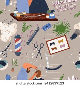 Seamless pattern, background barbers and male clients in barbershop. Hairdressers and male clients in a men's beauty salon. Performing haircuts, hairstyles, hair care, beard care. Flat graphics.