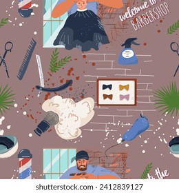 Seamless pattern, background barbers and male clients in barbershop. Hairdressers and male clients in a men's beauty salon. Performing haircuts, hairstyles, hair care, beard care. Flat graphics.