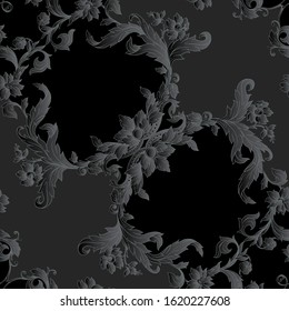 Seamless pattern, background In baroque, rococo, victorian, renaissance style. Trendy frolar vintage pattern. Hand drawing vector illustration in black colors..