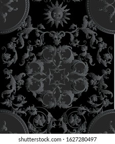 Seamless pattern, background In baroque, rococo, victorian, renaissance style. Trendy frolar vintage pattern. Hand drawing vector illustration in black colors..