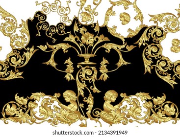 Nahtloses Muster, Hintergrund Barock, Rokoko, Sieger, Renaissance-Stil. Trendy Frolar Vintage Muster. In Gold und Schwarz, Vektorgrafik