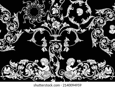 Seamless pattern, background In baroque, rococo, victorian, renaissance style. Trendy frolar vintage pattern. In white and black vector illustration
