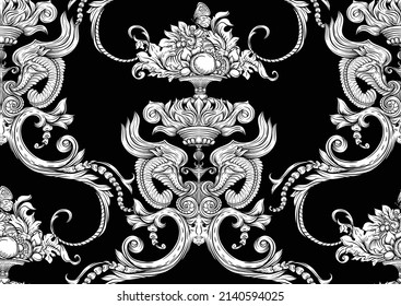 Seamless pattern, background In baroque, rococo, victorian, renaissance style. Trendy frolar vintage pattern. In white and black vector illustration