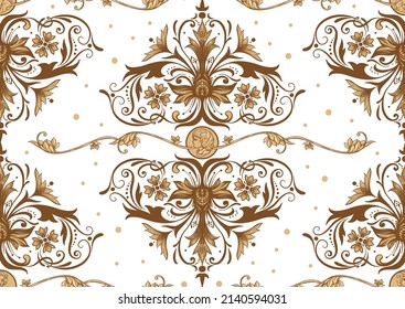 Seamless pattern, background In baroque, rococo, victorian, renaissance style. Trendy frolar vintage pattern in vintage beige colors. Vector illustration