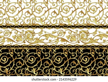 Seamless pattern, background In baroque, rococo, victorian, renaissance style. Trendy frolar vintage pattern. In gold and black vector illustration