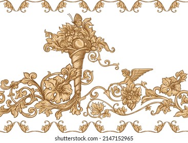 Seamless pattern, background In baroque, rococo, victorian, renaissance style. Trendy frolar vintage pattern in vintage beige colors. Vector illustration