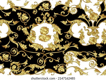 Seamless pattern, background In baroque, rococo, victorian, renaissance style. Trendy frolar vintage pattern. In gold and black vector illustration