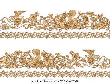 Seamless pattern, background In baroque, rococo, victorian, renaissance style. Trendy frolar vintage pattern in vintage beige colors. Vector illustration