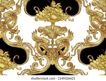 Seamless Pattern, Background In Baroque, Rococo, Victorian, Renaissance Style. Trendy Frolar Vintage Pattern. In Gold And Black Vector Illustration