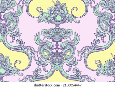 Seamless pattern, background In baroque, rococo, victorian, renaissance style. Trendy frolar vintage pattern in pastel patterns. Vector illustration