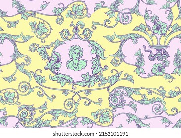 Seamless pattern, background In baroque, rococo, victorian, renaissance style. Trendy frolar vintage pattern in pastel patterns. Vector illustration