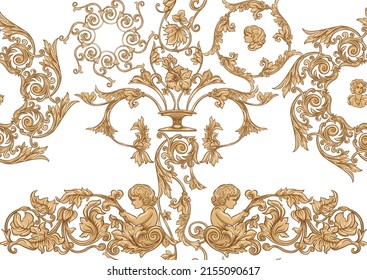 Seamless pattern, background In baroque, rococo, victorian, renaissance style. Trendy frolar vintage pattern in vintage beige colors. Vector illustration