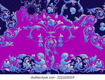 Seamless pattern, background In baroque, rococo, victorian, renaissance style. Trendy frolar vintage pattern. In neon colors vector illustration