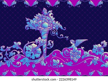 Seamless pattern, background In baroque, rococo, victorian, renaissance style. Trendy frolar vintage pattern. In neon colors vector illustration