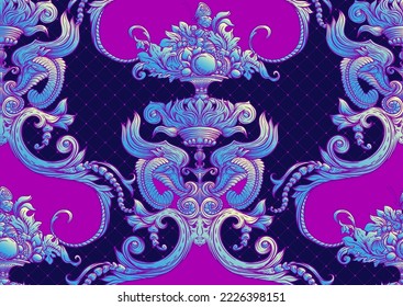 Seamless pattern, background In baroque, rococo, victorian, renaissance style. Trendy frolar vintage pattern. In neon colors vector illustration