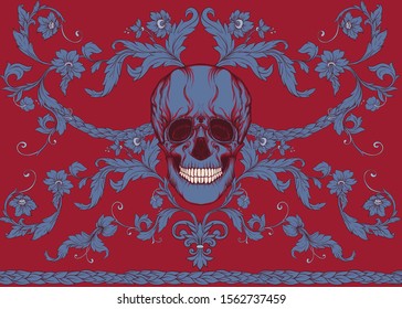 Seamless pattern, background In baroque style with human skull. Trendy floral vintage pattern in red add blue vector illustration