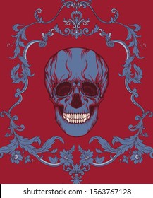 Seamless pattern, background In baroque style with human skull. Trendy floral vintage pattern in red add blue vector illustration