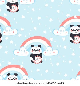 Seamless pattern background with bear panda. Happy cute panda, clouds, rainbow and star flying in the sky. Cartoon Panda Vector illustration for kids an blue background with rain dots
