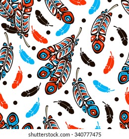 Seamless pattern background with beautiful feathers in hand-drawn ethnic style. Vector illustration.