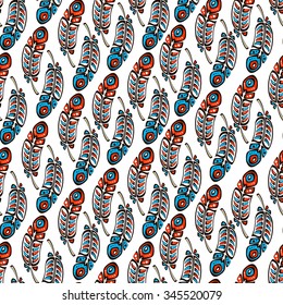 Seamless pattern background with beautiful feathers in hand-drawn ethnic style. Vector illustration.