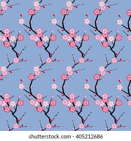 Seamless pattern background with beautiful sakura spring flowers. Cherry floral ornament. Vector design.