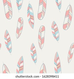 Seamless pattern background. Beautiful vector pattern. Abstract feathers for digital wallpaper design. Flat feathers for concept design. Simple vector flat illustration. Vector art illustration.